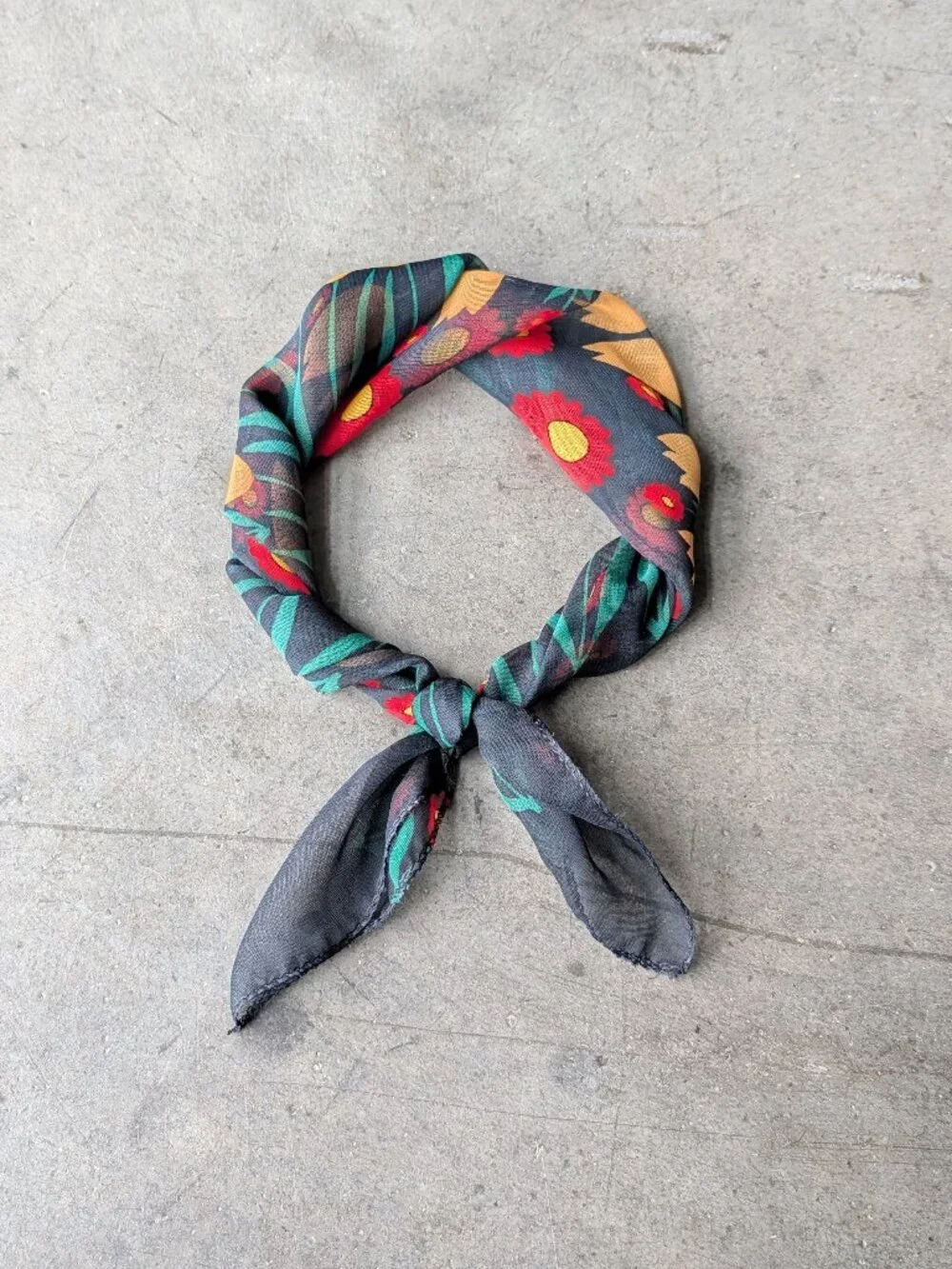Vintage Floral Silk-Feel Polyester Sheer Black Red Yellow Green Square Scarf